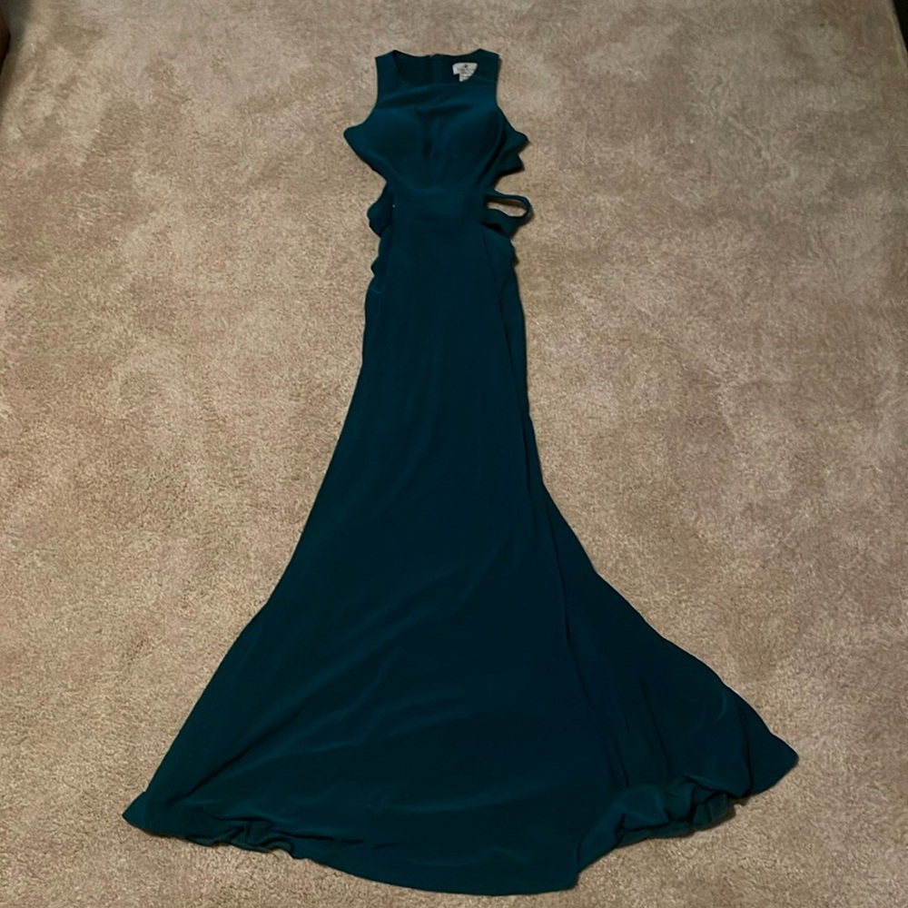 Faviana prom dress, worn one time, never altered, beautiful dark aqua color;